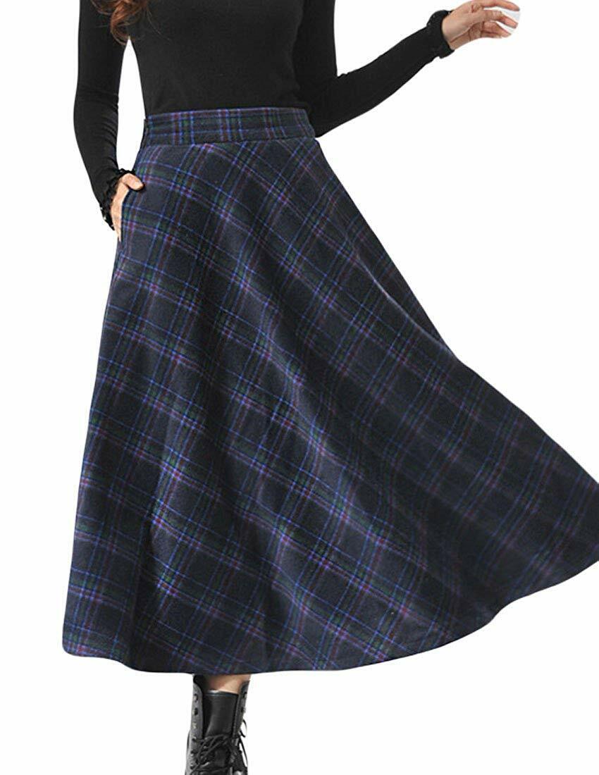 MFrannie Women's Thicken Wool Fashional Classy Grid Long Skirt With Pocket Fine