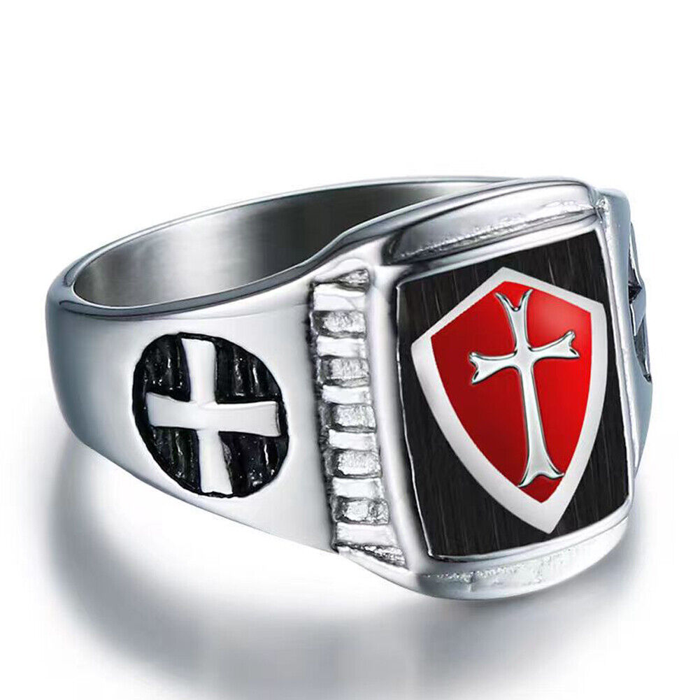 US 1-2 Pack Mens Shield Cross Knights Templar Ring Silver Stainless Steel