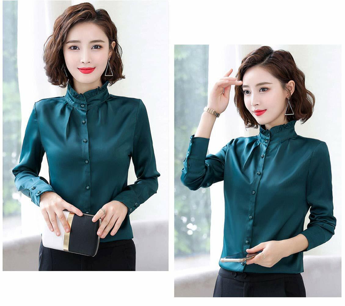 Women Vintage Pleated Collared Button Down Shirt Long Sleeve Blouse Stretch