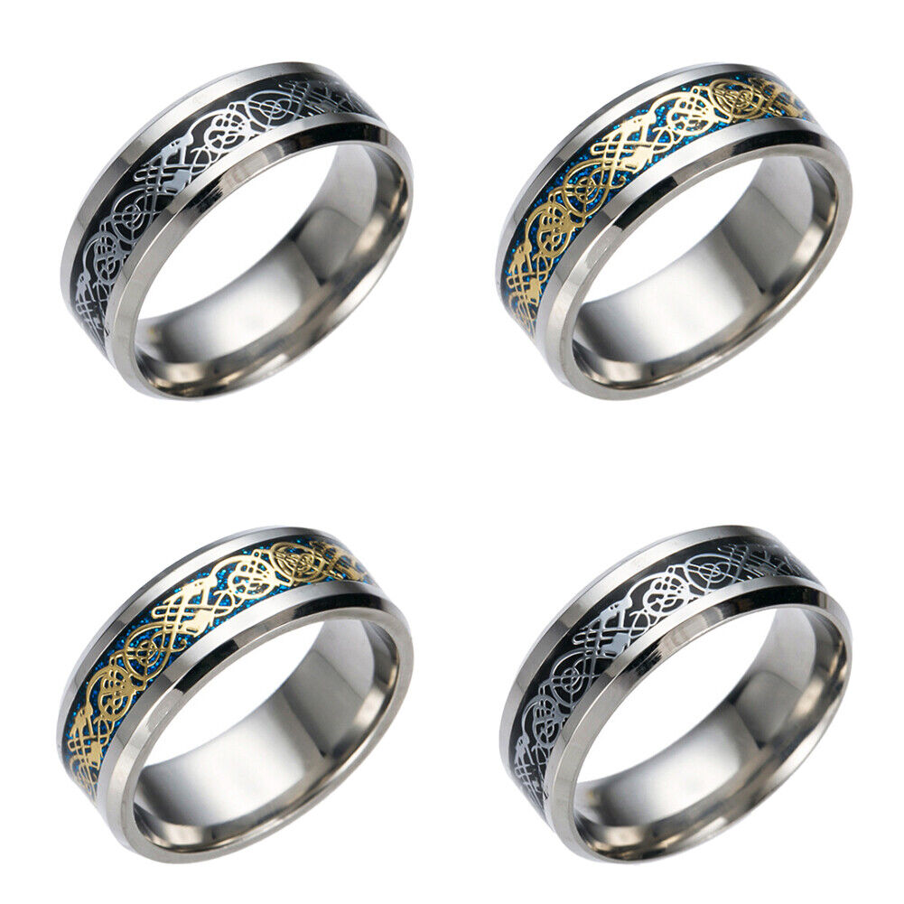 US 2-4 Pc Mens Celtic Blue Stainless Steel Dragon Wedding Band Ring Men Women