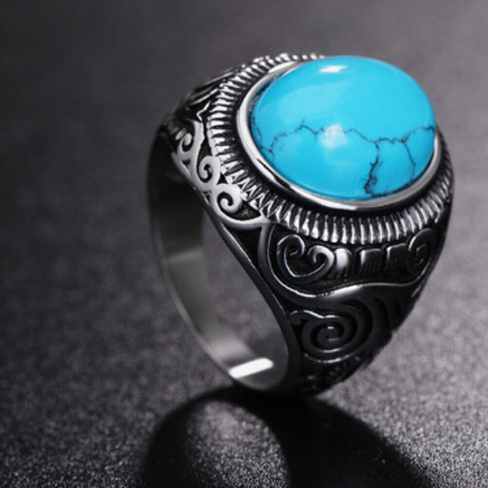 US Mens Simulated Oval Turquoise Stone Ring Men Stainless Steel Size 7 8-11