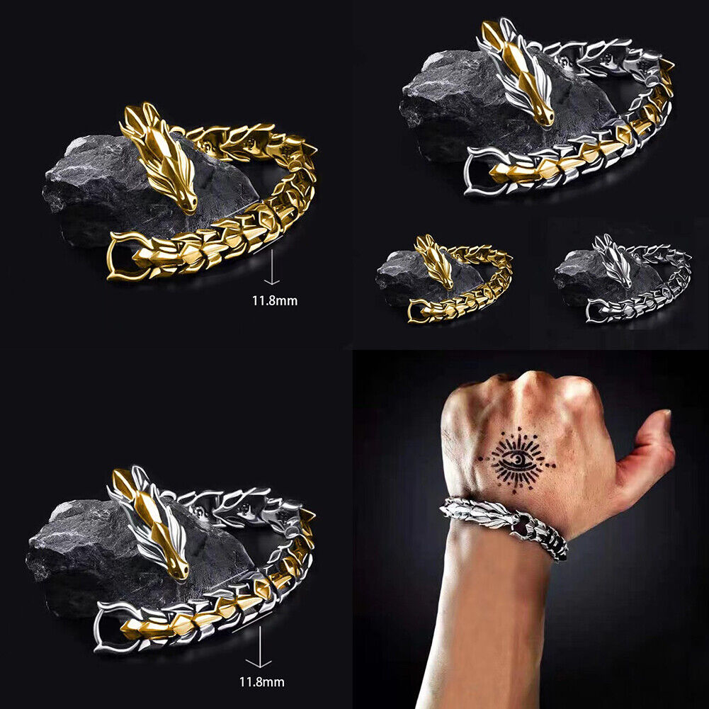 US Biker Rock Vintage Stainless Steel Link Dragon Scale Bangle Polished Bracelet