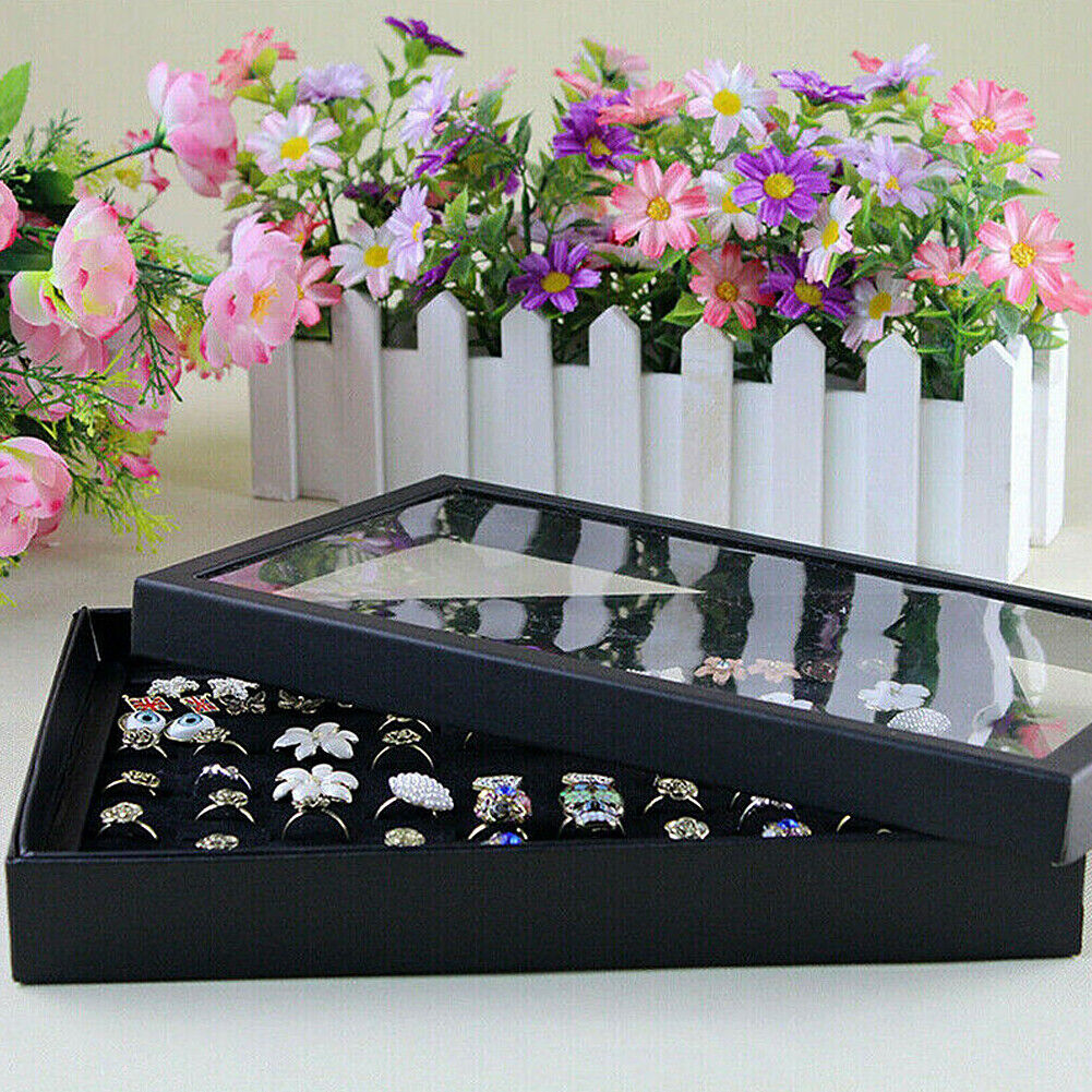 US 1-2 Pack 100 Slots Jewelry Ring Display Tray Holder Earrings Organizer w/ Lid