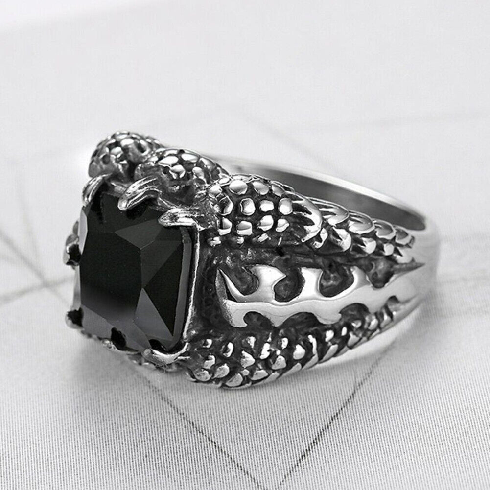 US 2 Pack Mens Stainless Steel Biker Black Onyx Dragon Claw Ring For Men