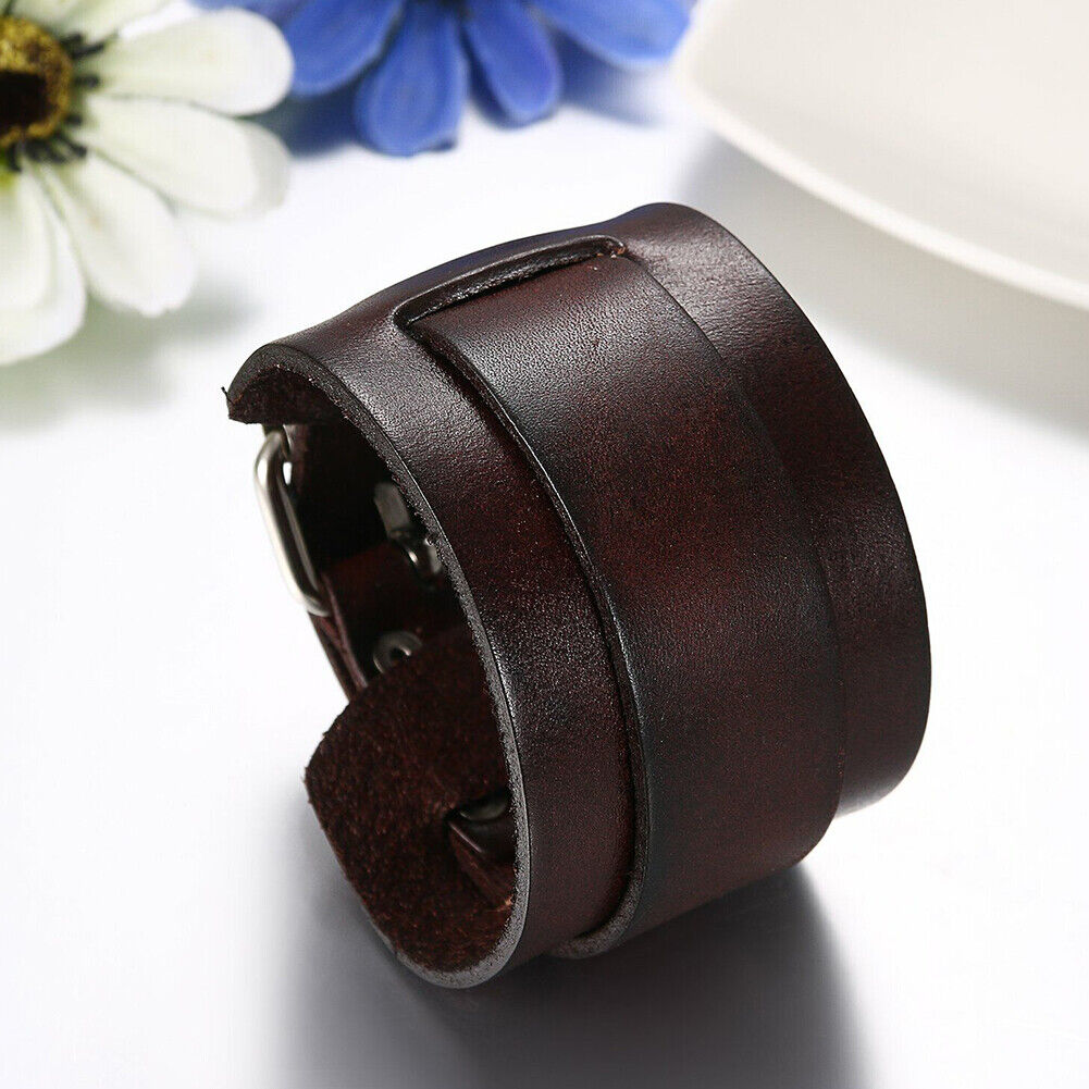 US 1-2 Pc Men's Punk Wide Genuine Leather Belt Wristband Bangle Cuff  Adjustable