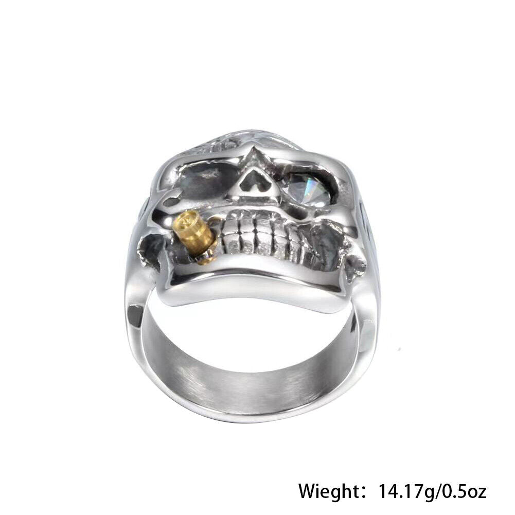 US 1-2Pc Goth Men Biker Punk CZ Smoking Skull Ring Men Stainless Steel Size 8-12