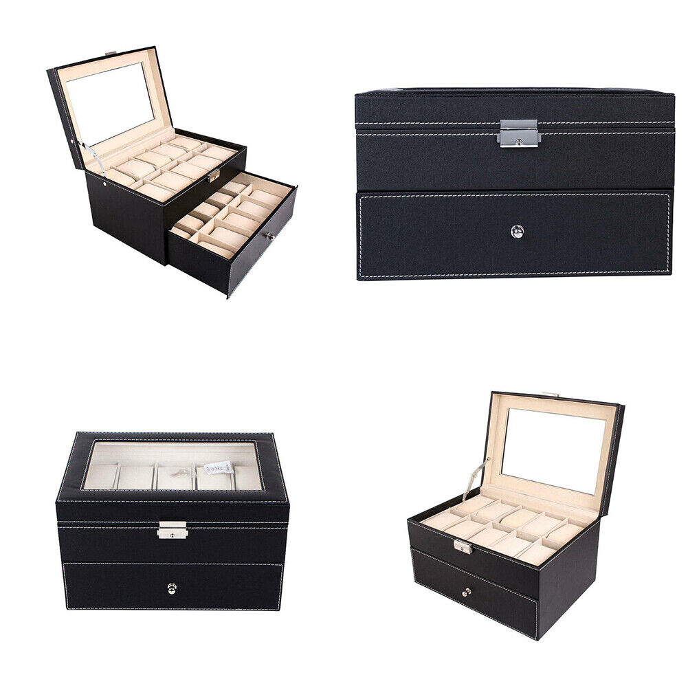 US Large 20 Slot Watch Organizer Box Case Glass Display Leather Jewelry Storage
