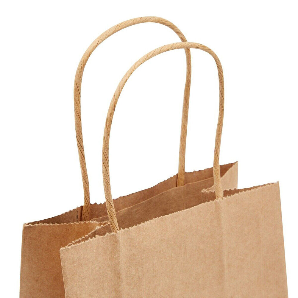US 50 Pcs Brown Paper Shopping Kraft Retail Gift Merchandise Bags With Handles