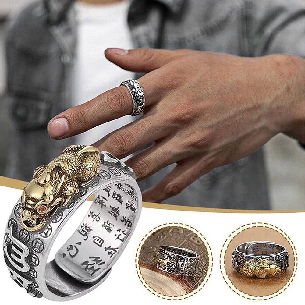 US 2-4Pc Silver Feng Shui Pixiu Adjustable Ring MANI Mantra Protection Wealth