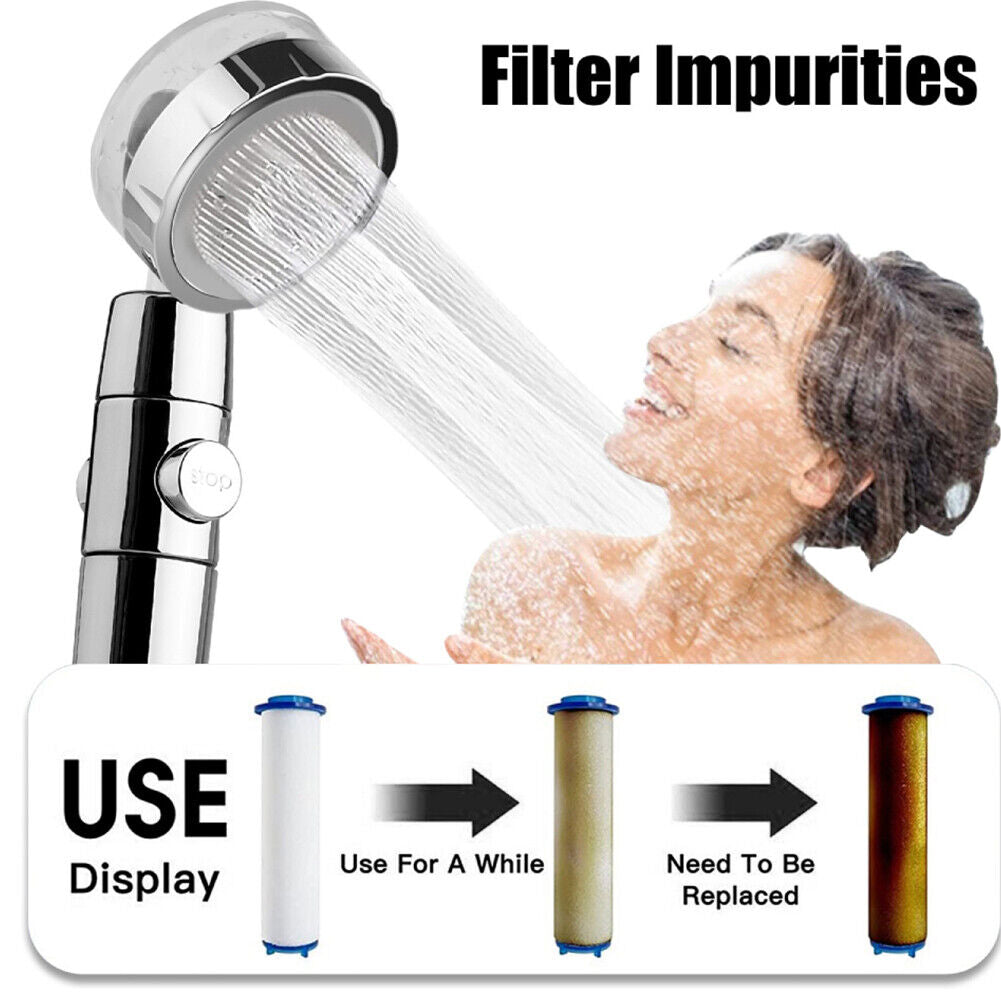 US Water Saving Flow 360 Spinning High Pressure Nozzle Shower Head w/ Turbo Fan