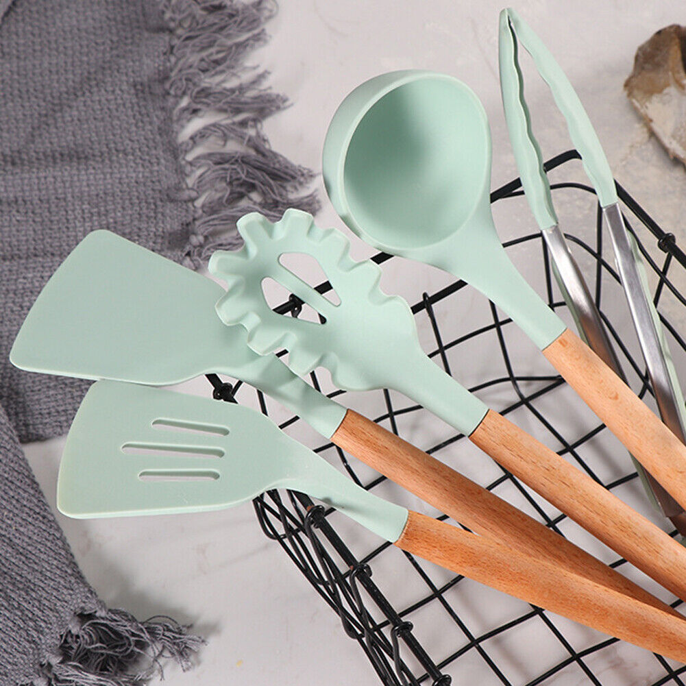 US 11 Pcs Kitchen Cooking Utensils Set Wooden Handle Silicone Heat Resistant
