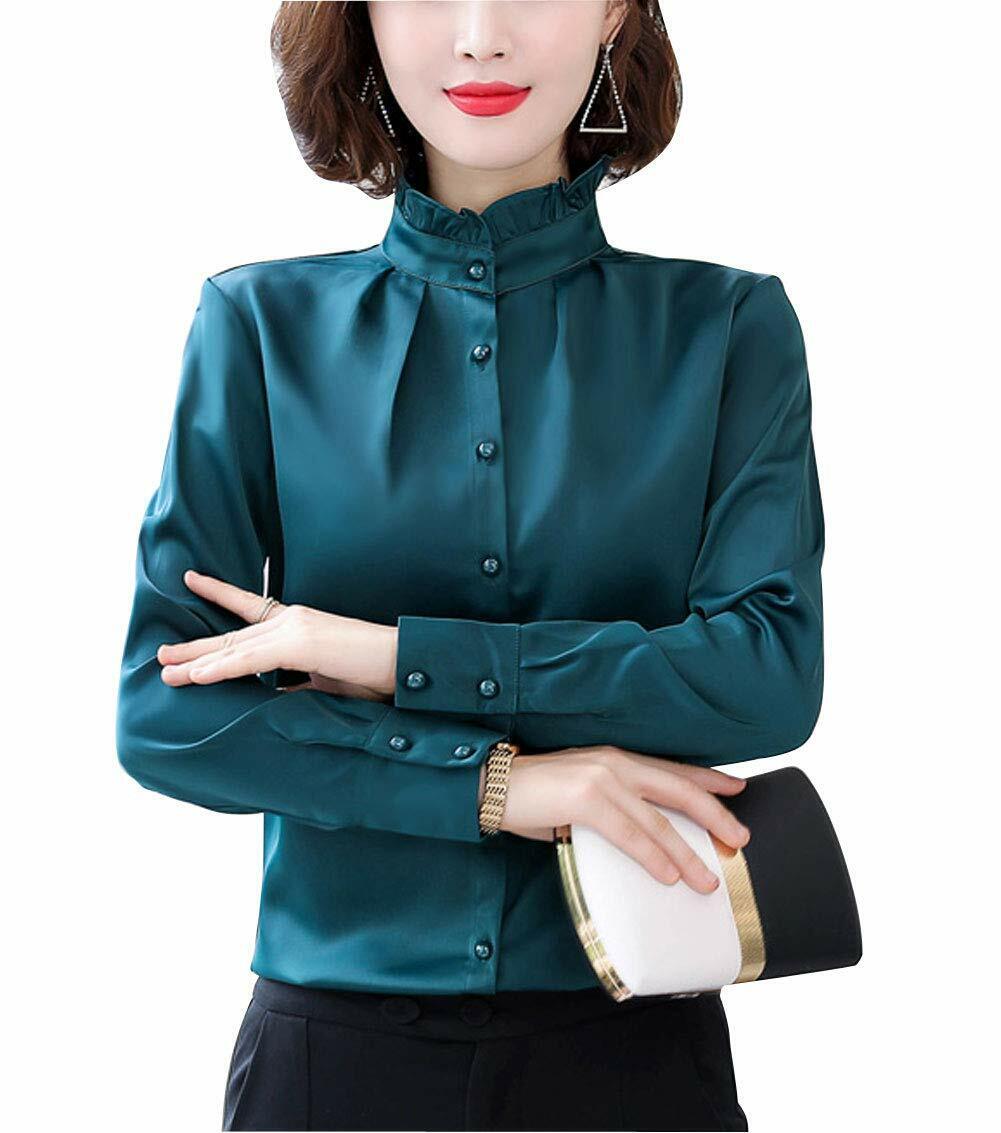 Women Vintage Pleated Collared Button Down Shirt Long Sleeve Blouse Stretch