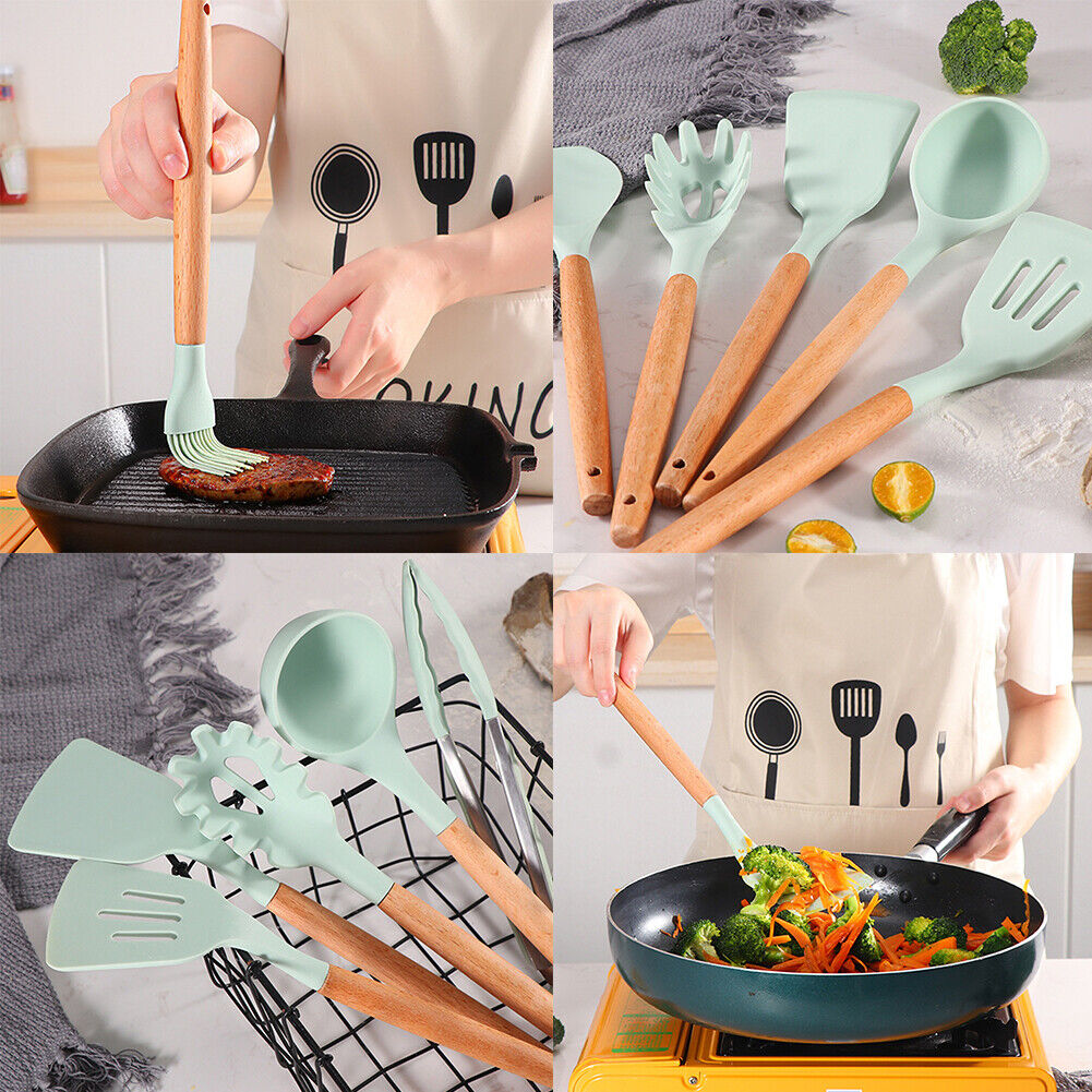 US 11 Pcs Kitchen Cooking Utensils Set Wooden Handle Silicone Heat Resistant