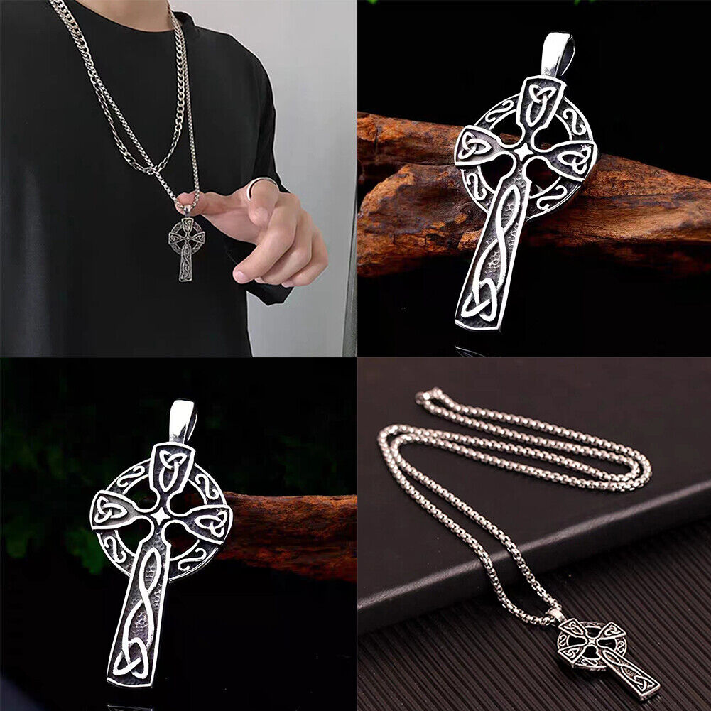 US 2-4 Pack Mens Stainless Steel Irish Celtic Knot Cross Pendant Necklace Silver