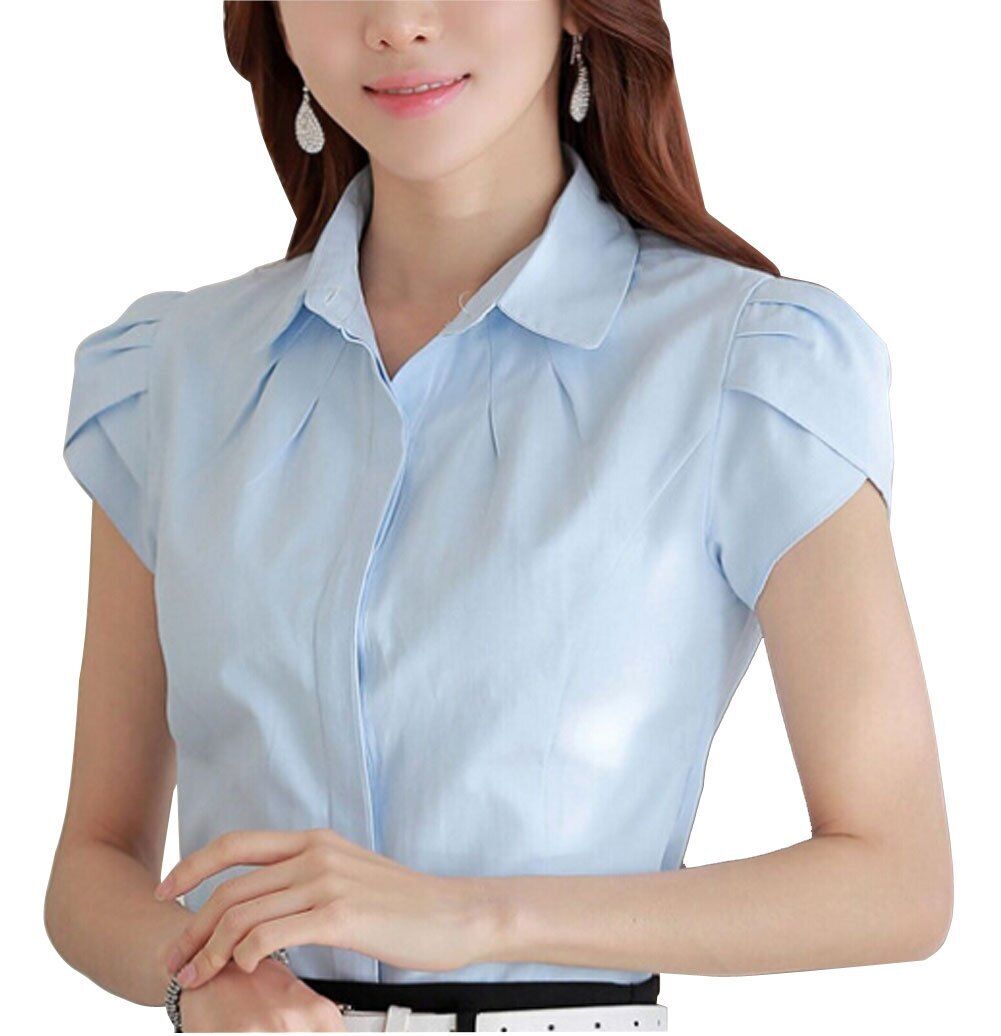 Women Cotton Collared Pleated Button Down Shirt Tulip Sleeve Blouse