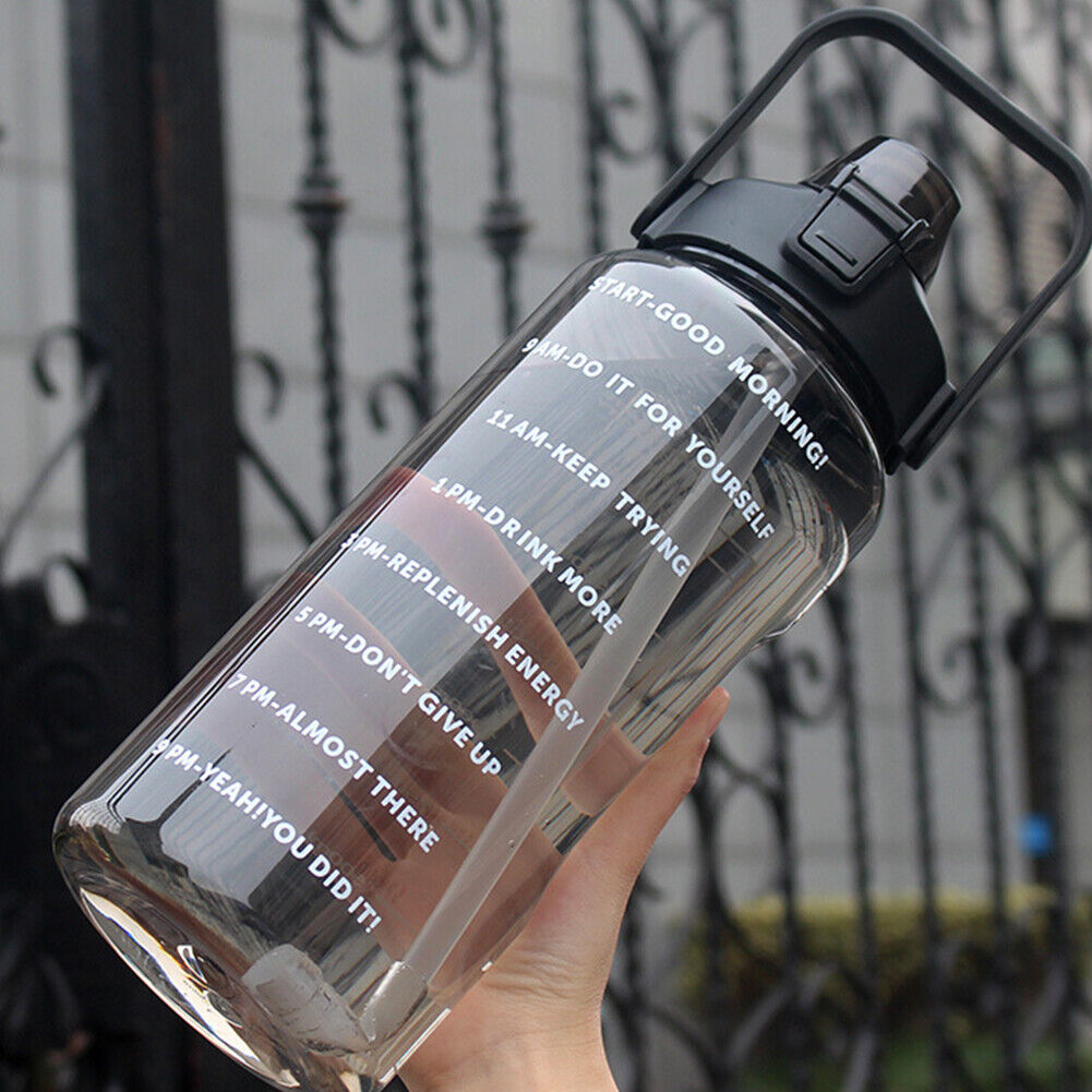 US 1-2 Pc Motivational Half Gallon/64 oz Water Bottle w/ Time Marker with straw