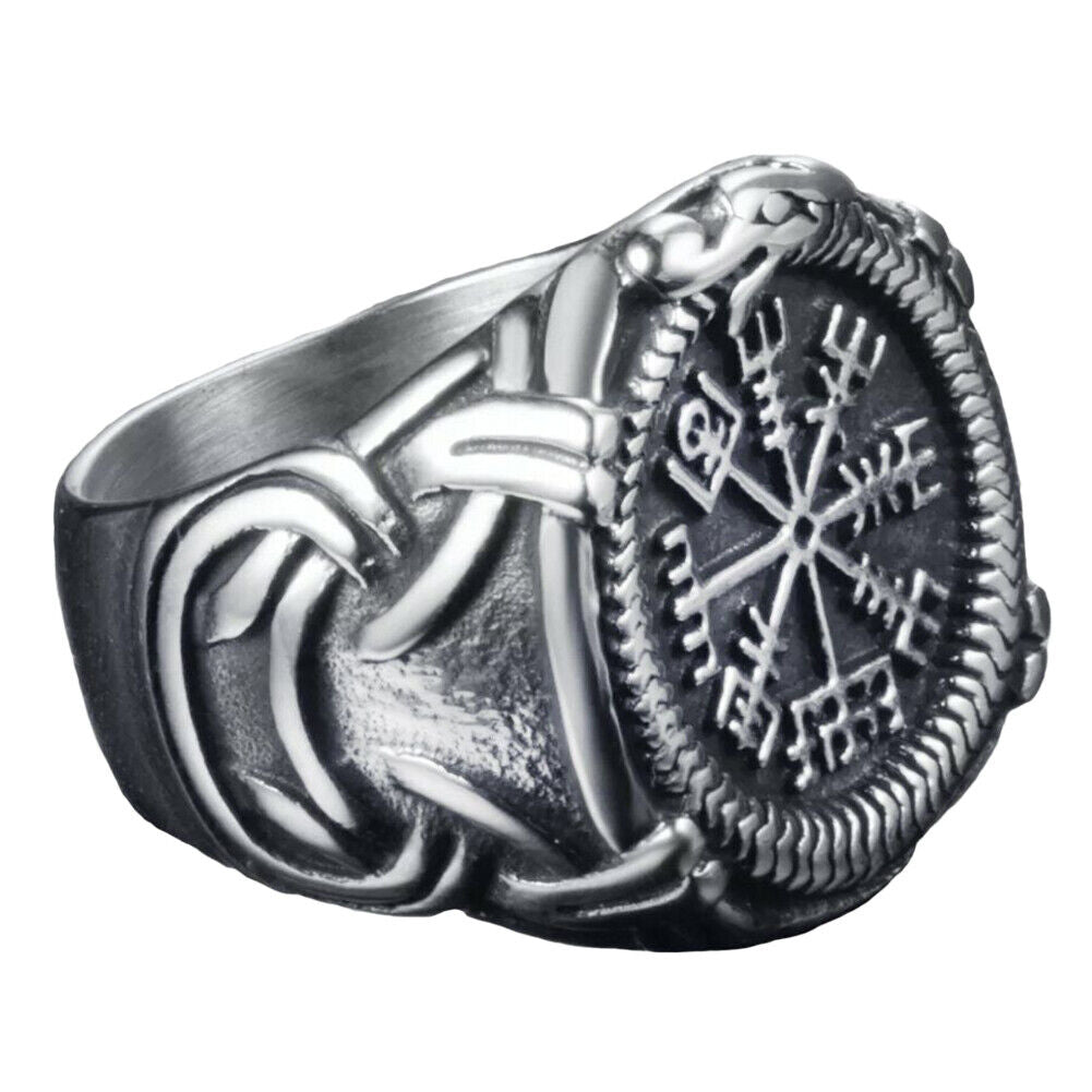 US 2 Pack Stainless Steel Mens Nordic Viking Dragon Vegvisir Compass Ring