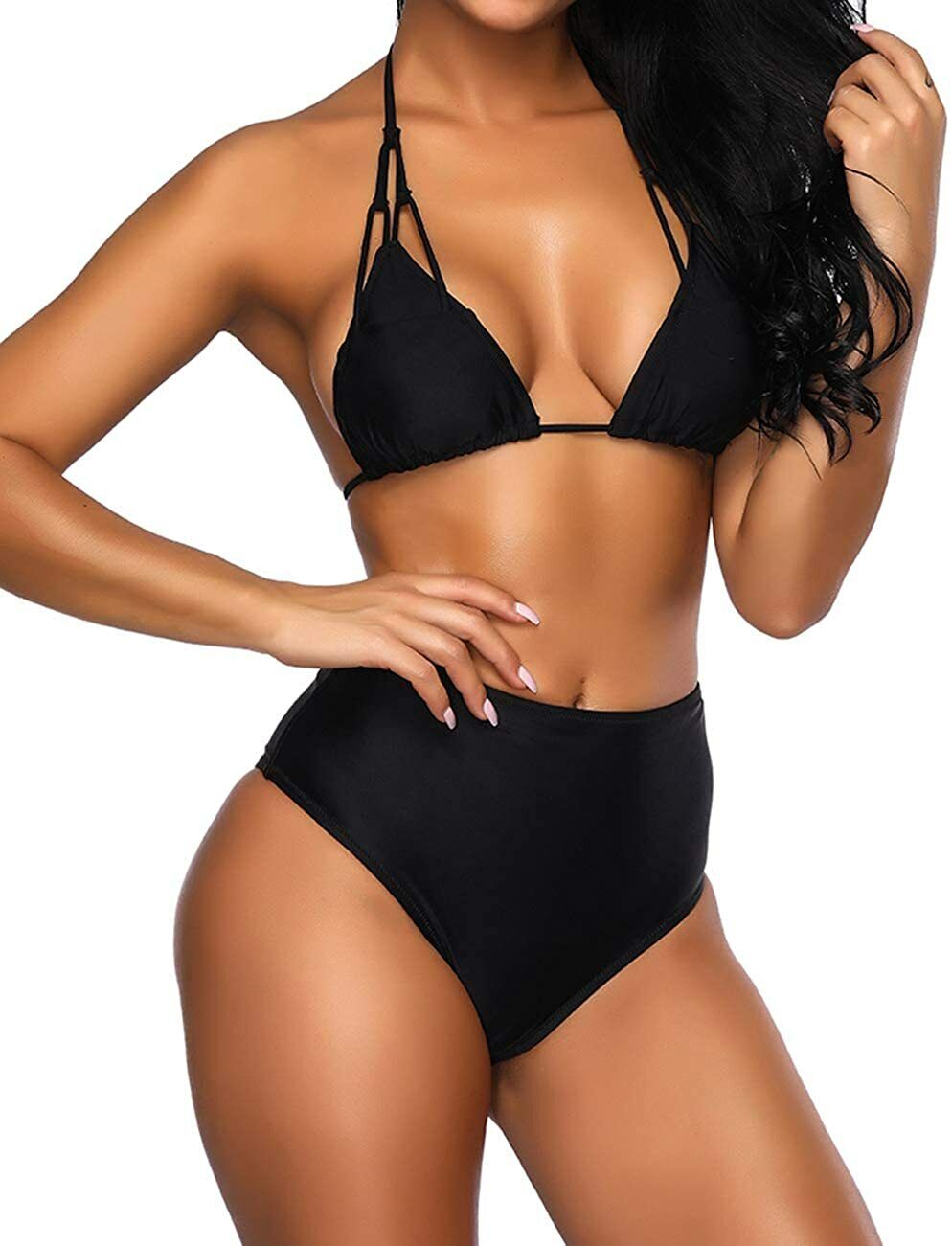 FeelinGirl Women's Stripe Padded Push up High Waist Bikini Halter Strap Swimsuit