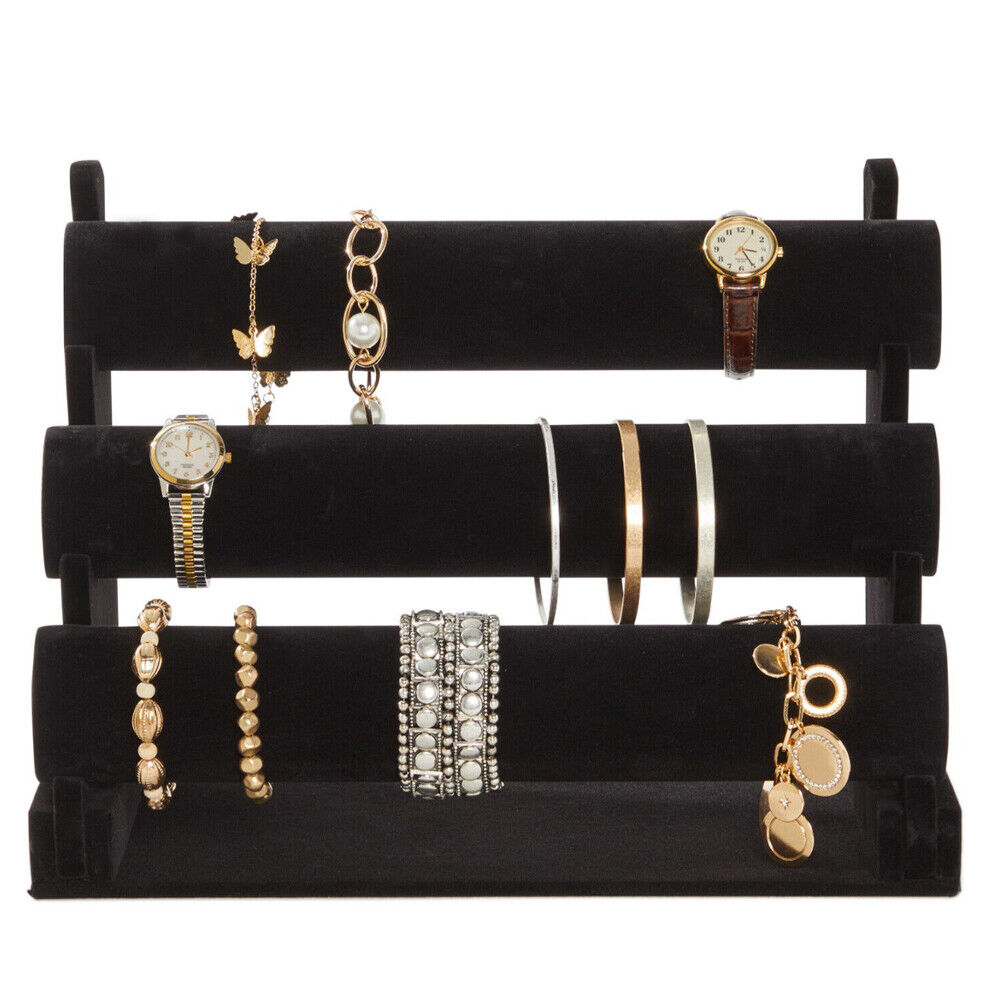 US 1-2 Pc 3 Tier Black Velvet Jewelry Display Organizer Stand, 12 x 9 x 7 in