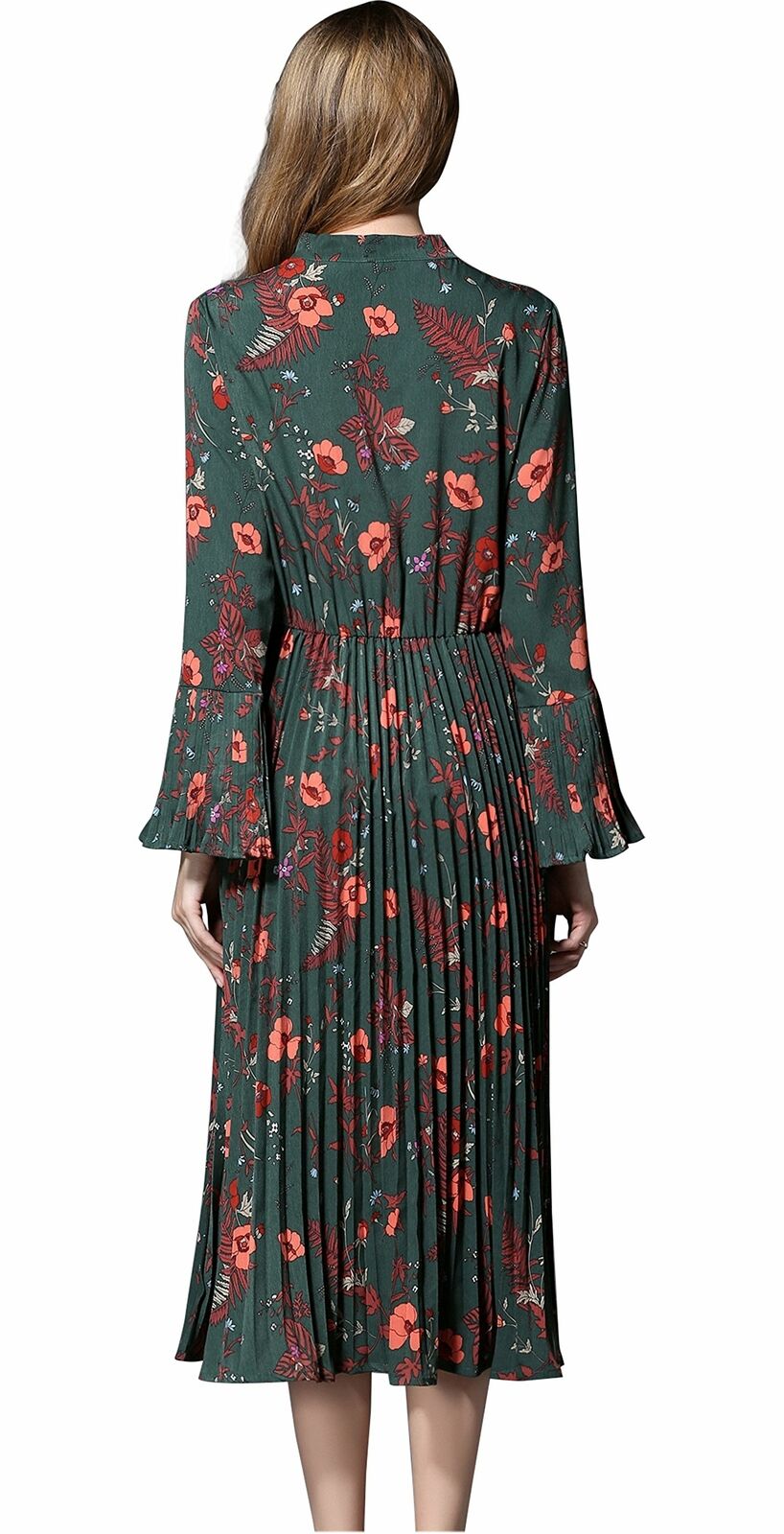 Women's Vintage Floral Printed Lotus Sleeves Elastic Waist  Cocktail Dress