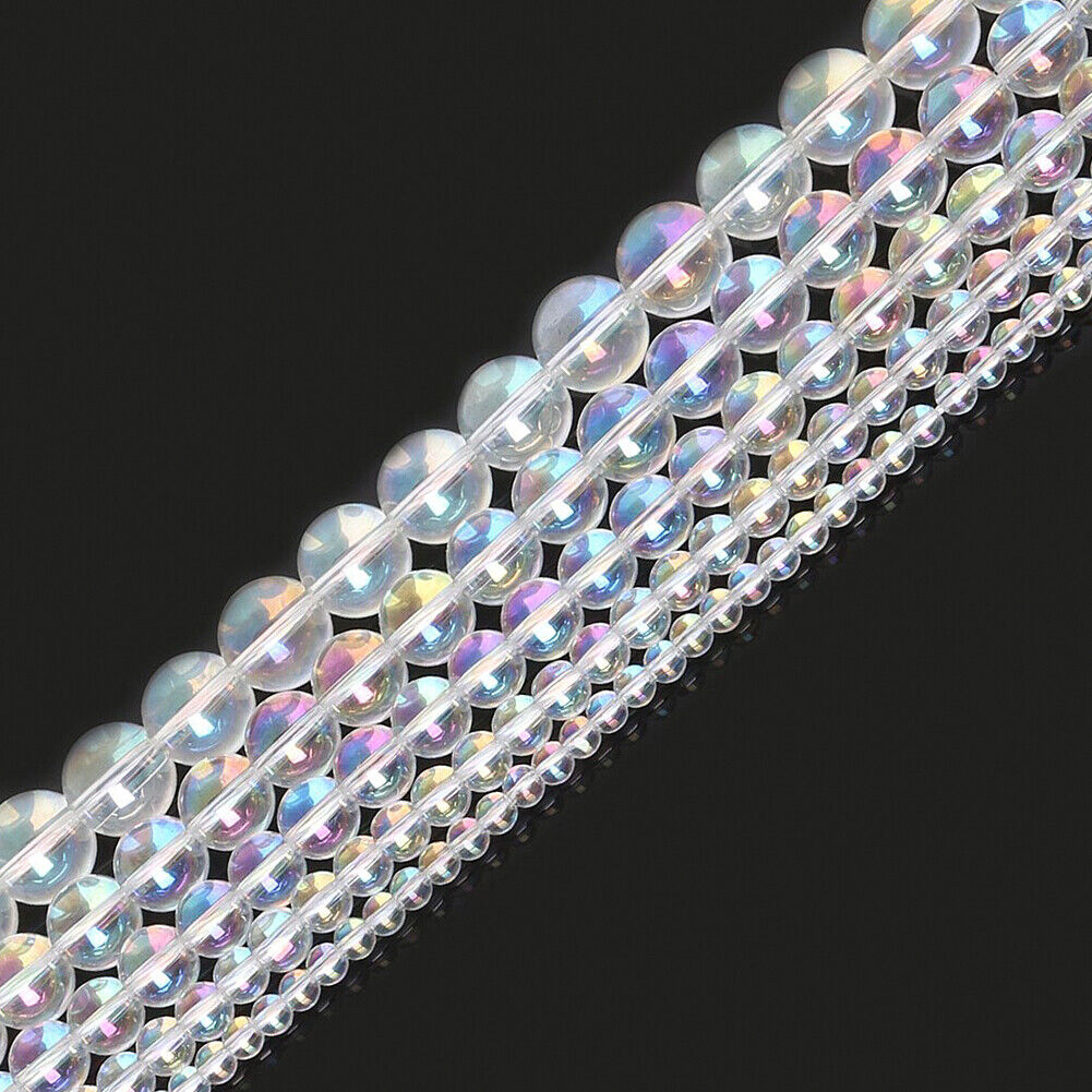 US 4~10mm Clear Rainbow Iridescent Mermaid Smooth Round Glass Bubble Bead Strand