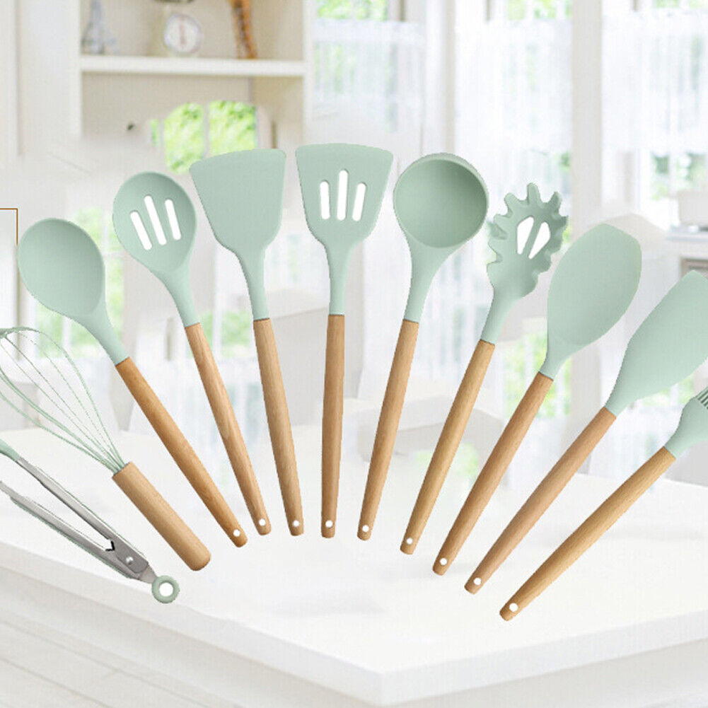 US 11 Pcs Kitchen Cooking Utensils Set Wooden Handle Silicone Heat Resistant