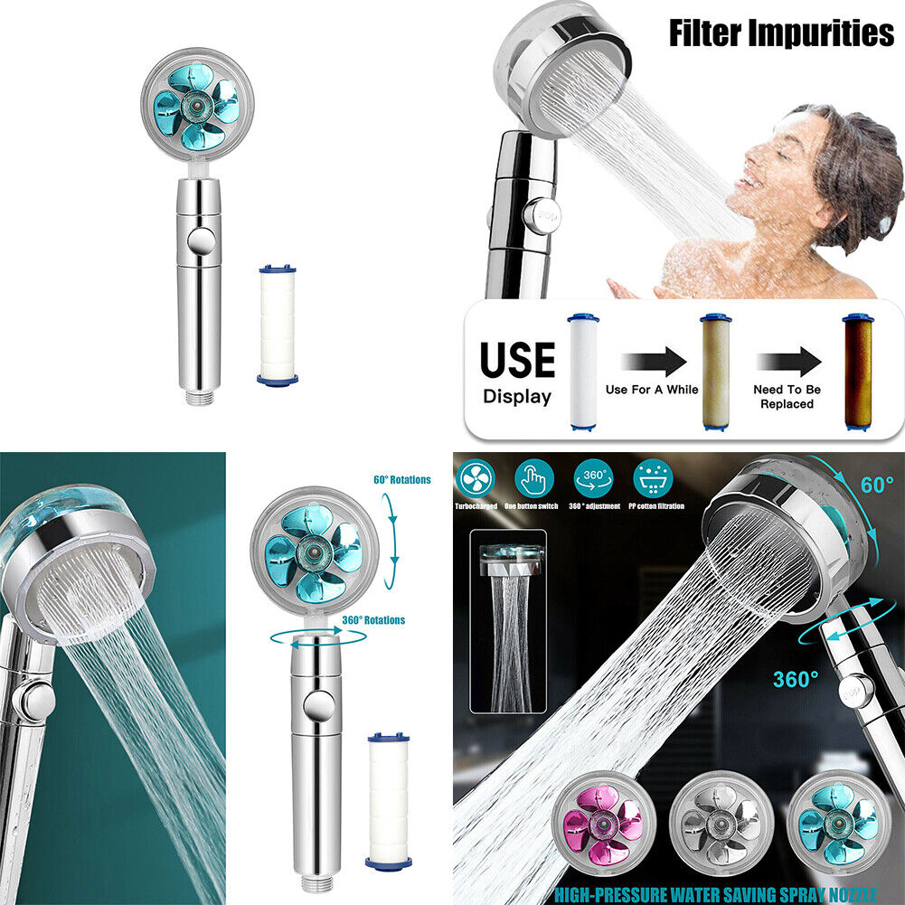 US Water Saving Flow 360 Spinning High Pressure Nozzle Shower Head w/ Turbo Fan