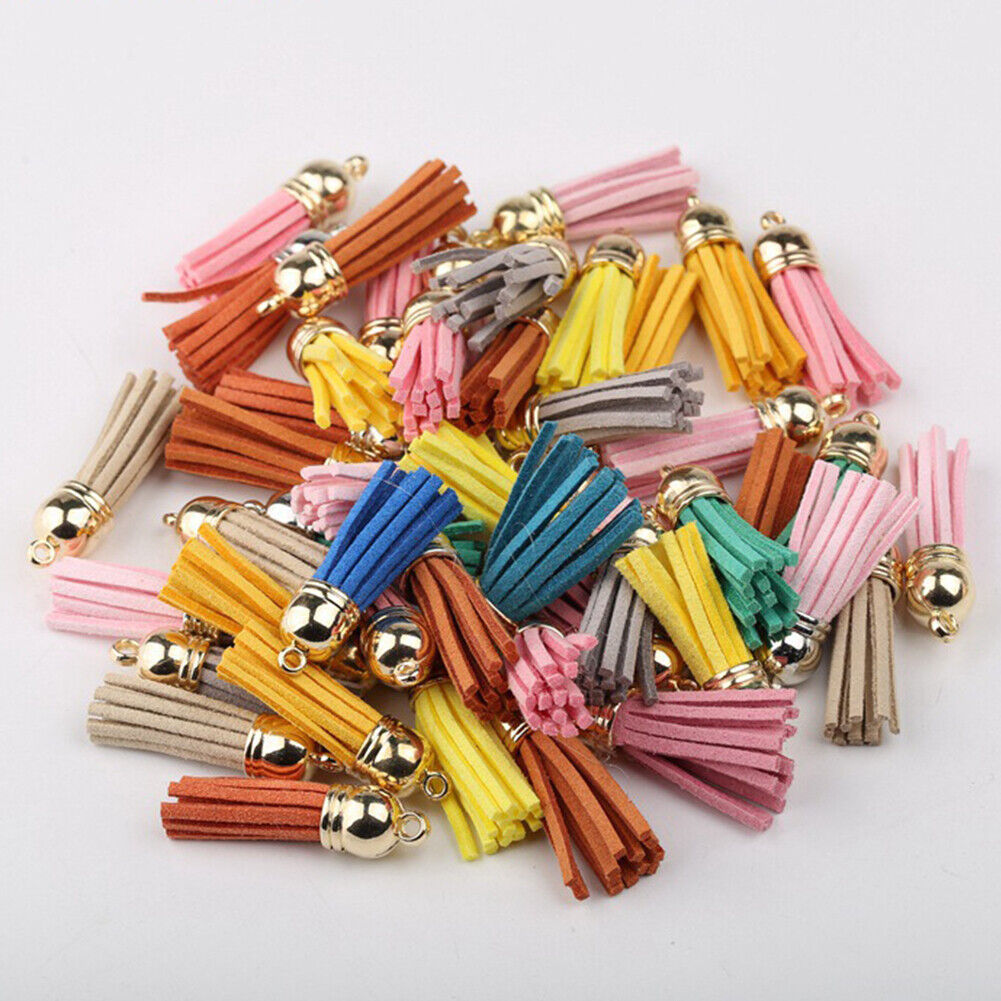 US 100Pc 30 Colors 1.6 inches Leather Tassels Keychain Charms DIY Multicolored