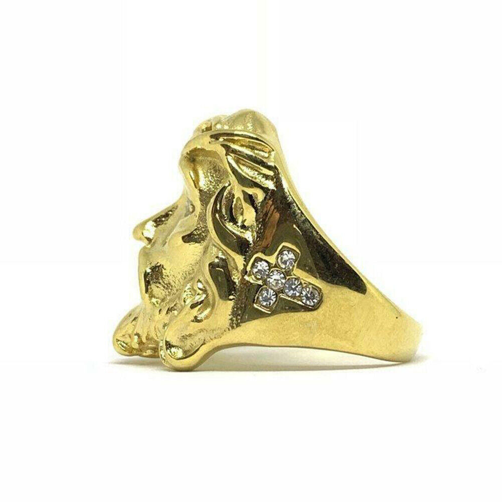 US Mens Gold Plated Cross Jesus Christ Face Ring Stainless Steel Size 8-11