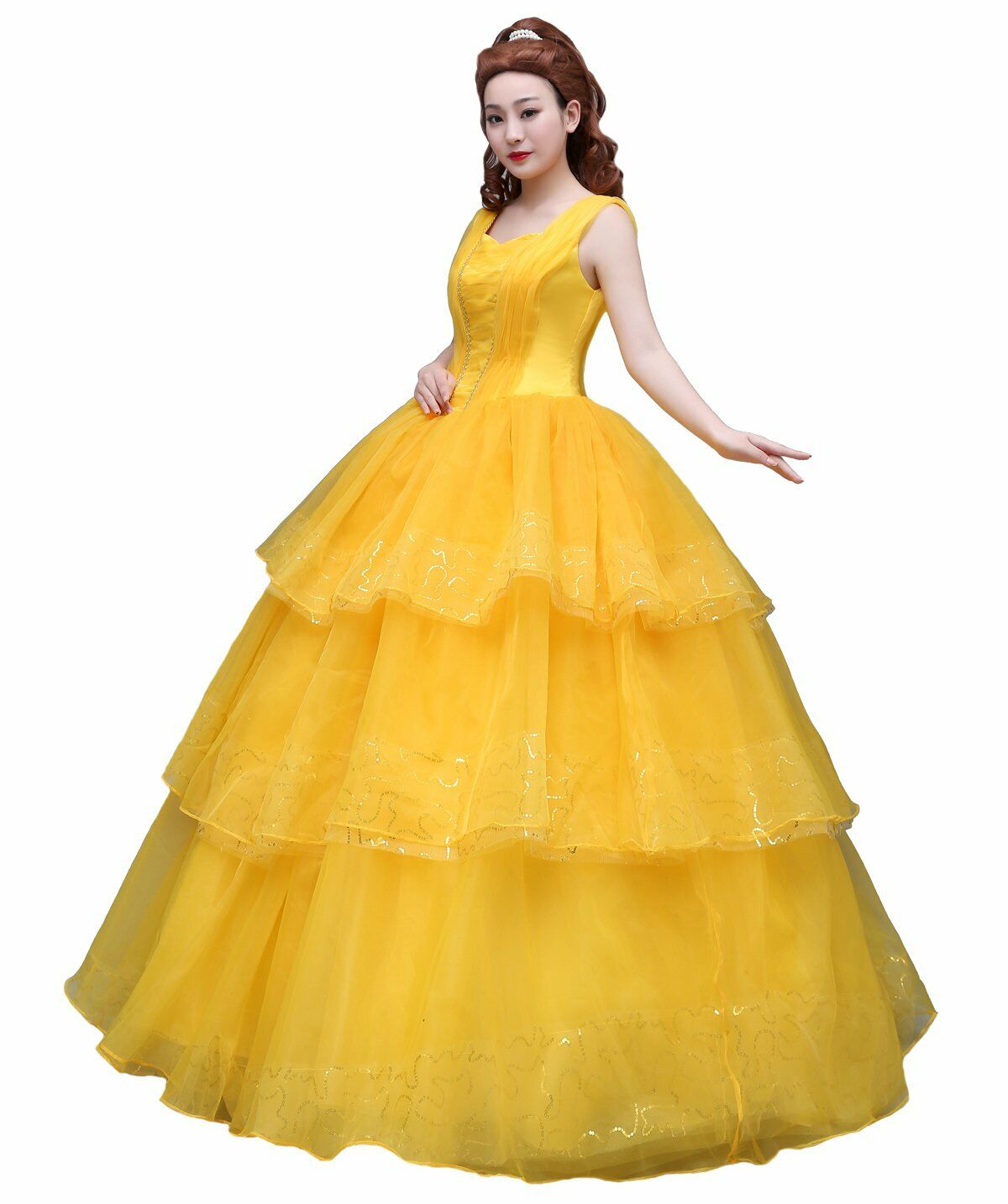 Angelaicos Women's Layered Lace Costume Dress Prom Ball Gown Long Yellow