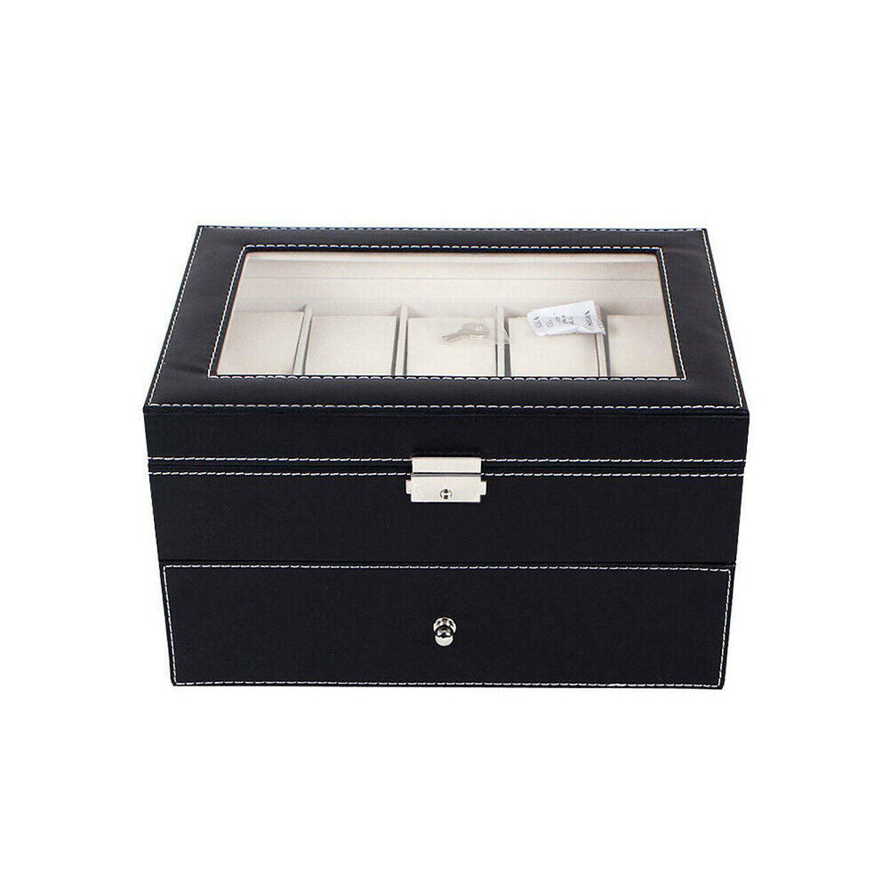 US Large 20 Slot Watch Organizer Box Case Glass Display Leather Jewelry Storage