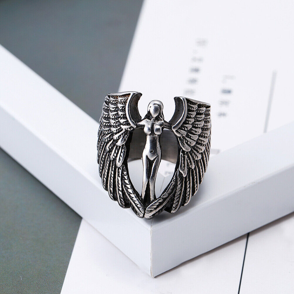 US Vintage Archangel Goddess Feather Angel Wing Stainless Steel Ring MC Biker