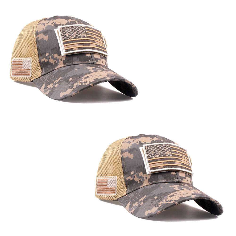 US 1-2 American Flag Hat Tactical Army Detachable Patch Mesh Camo Baseball Cap