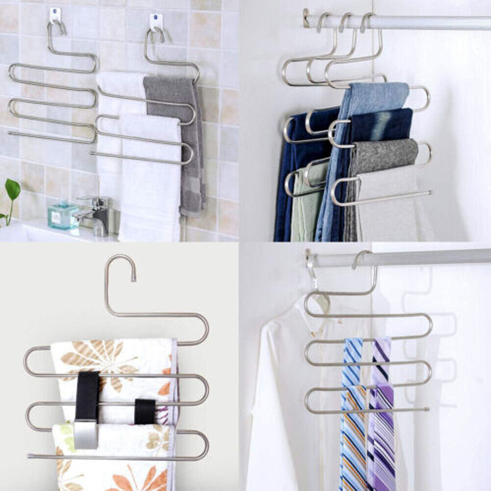 US 2-4 Pcs Trouser Pants Hanger Non-Slip S-Shape 5-Layer Rack Closet Space Saver