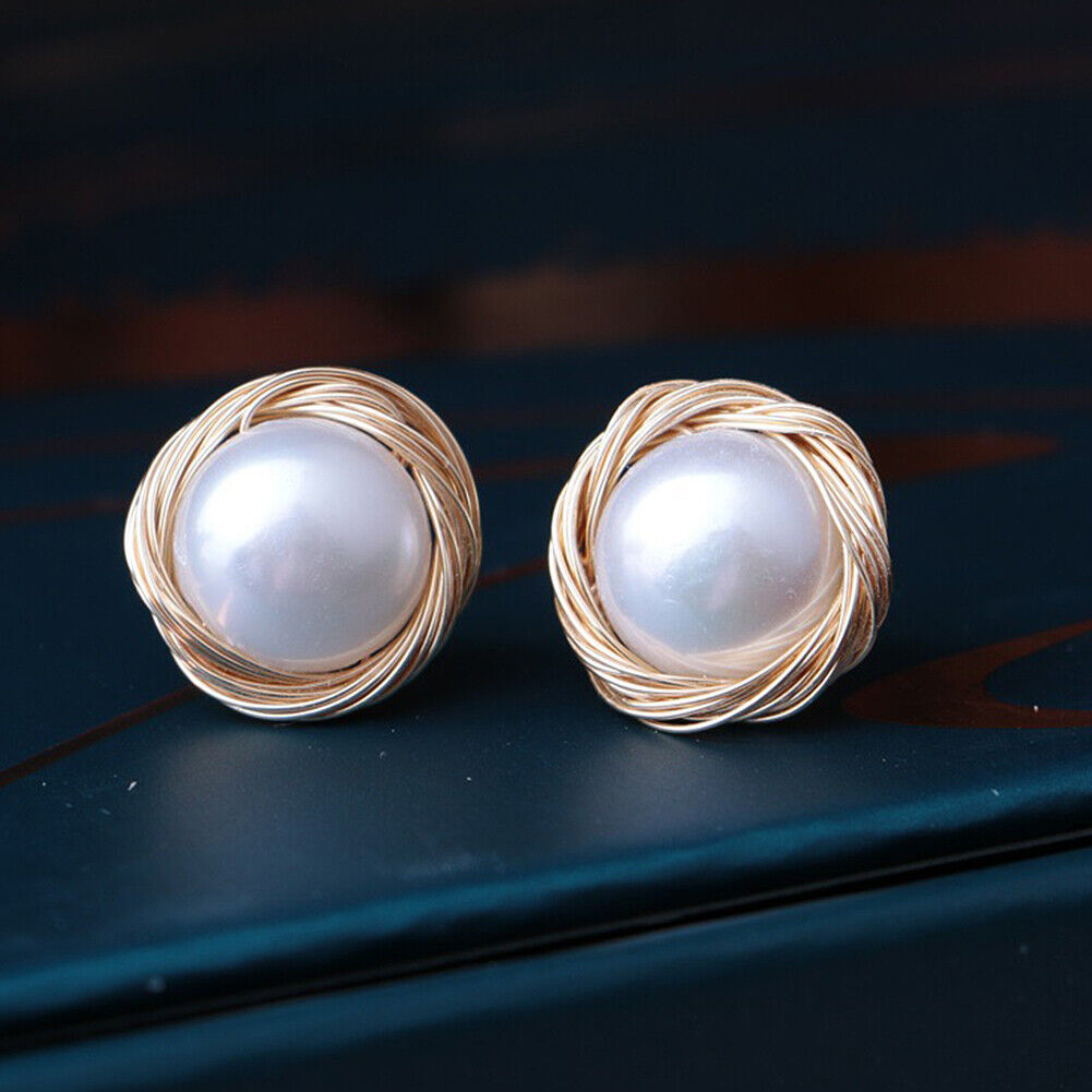 US 8~10mm Natural Freshwater Pearl Earrings 14K Gold Plated Studs Wedding Gifts