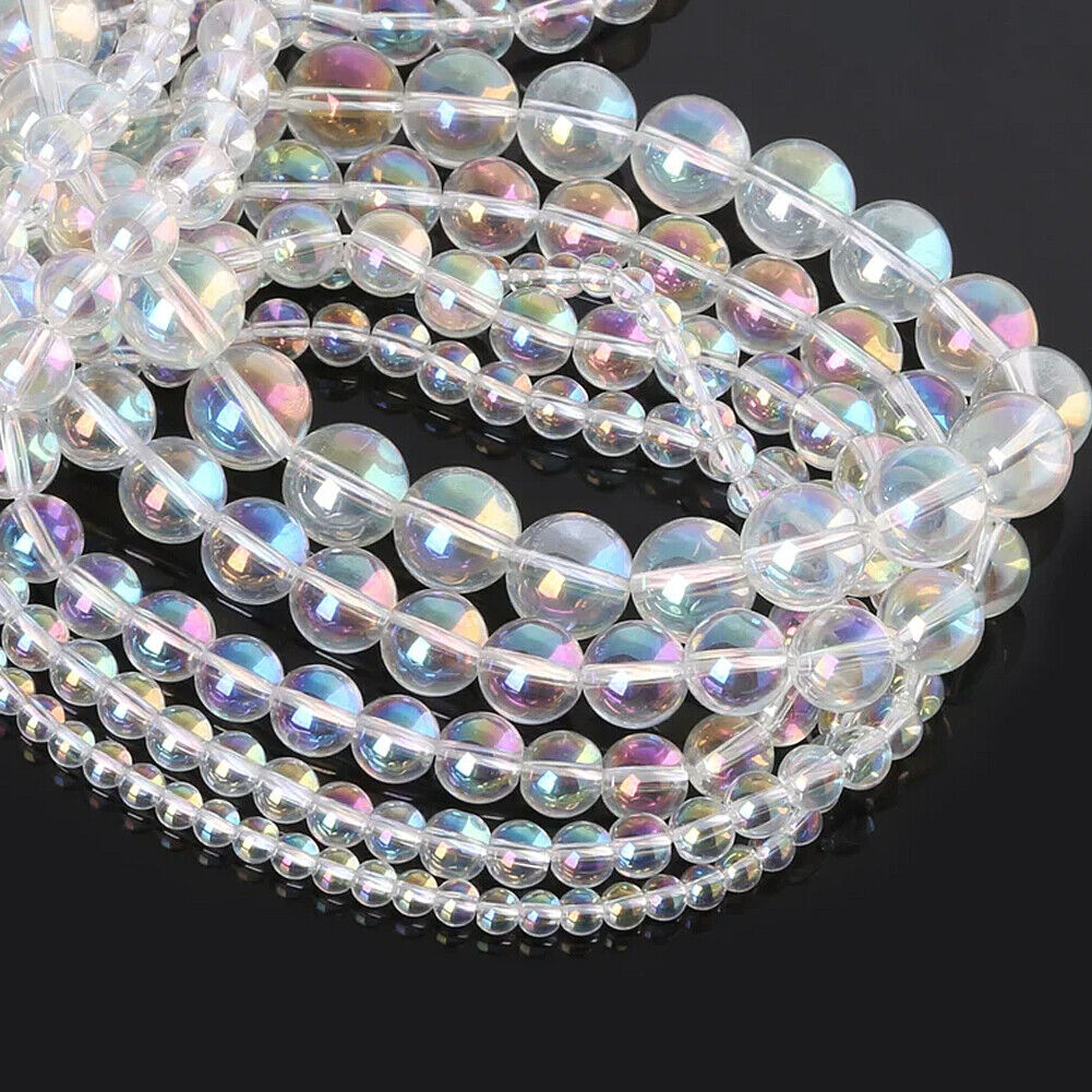 US 4~10mm Clear Rainbow Iridescent Mermaid Smooth Round Glass Bubble Bead Strand