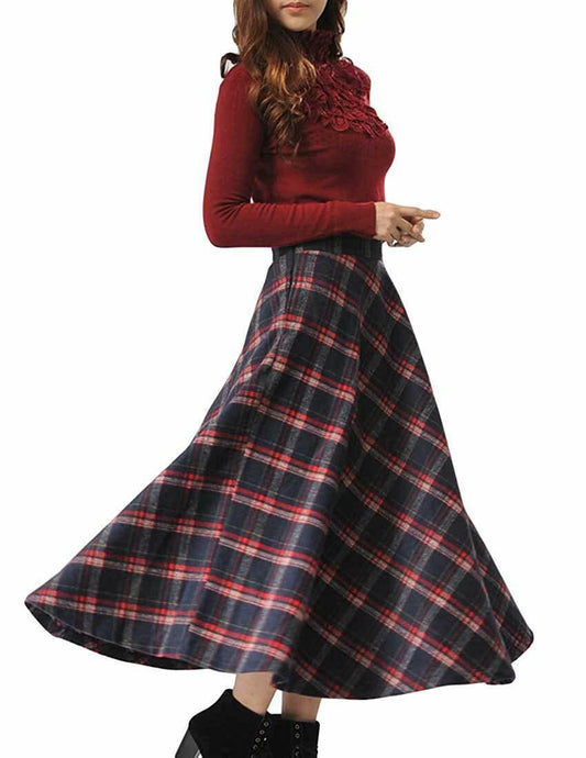 MFrannie Women's Thicken Wool Fashional Classy Grid Long Skirt With Pocket Fine