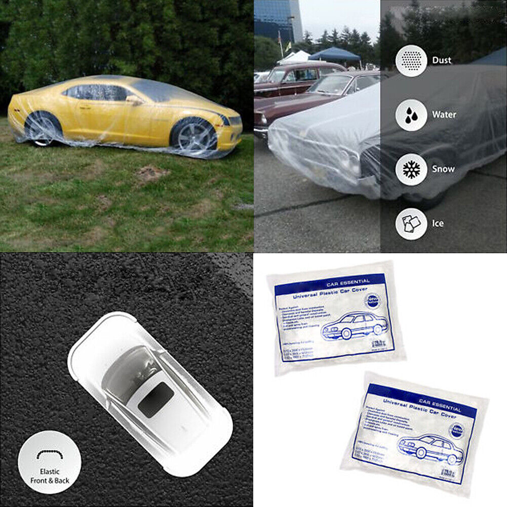 US 5-10Pc Clear Plastic Car Cover Dust Rain Elastic Band Disposable Auto Protect