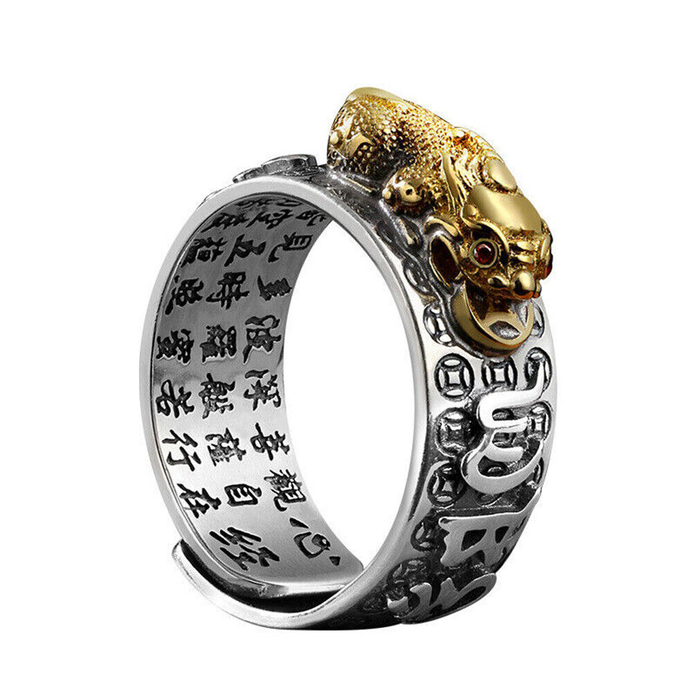 US 2-4Pc Silver Feng Shui Pixiu Adjustable Ring MANI Mantra Protection Wealth