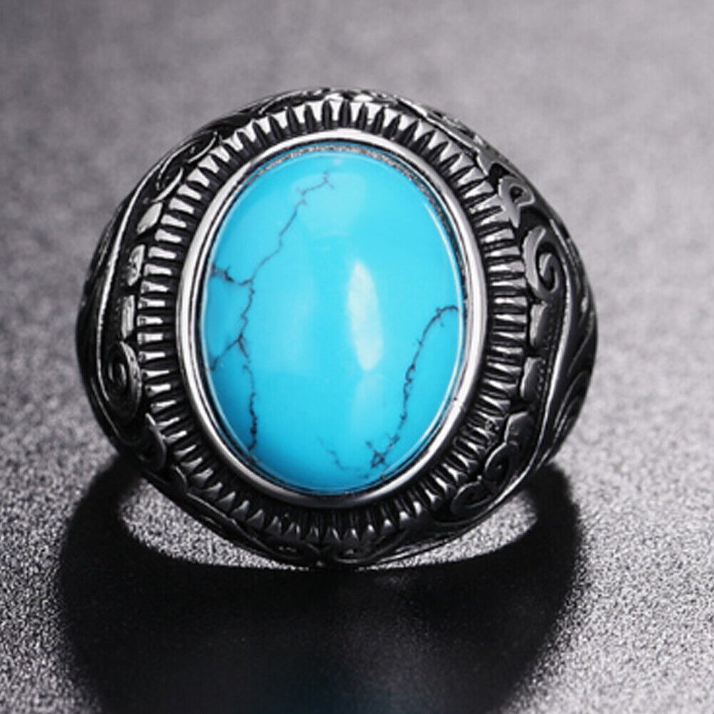 US Mens Simulated Oval Turquoise Stone Ring Men Stainless Steel Size 7 8-11