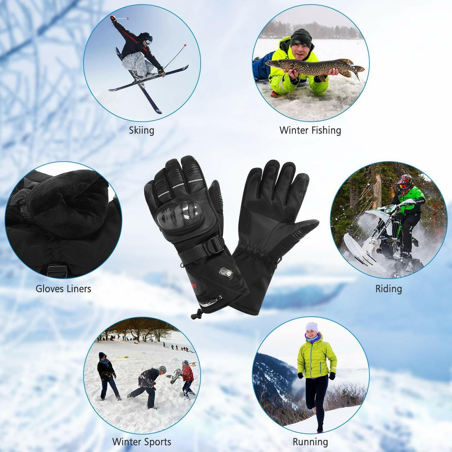 Rechargeable Heated Leather Gloves with Knuckle Protection Motorcycle Ski Riding