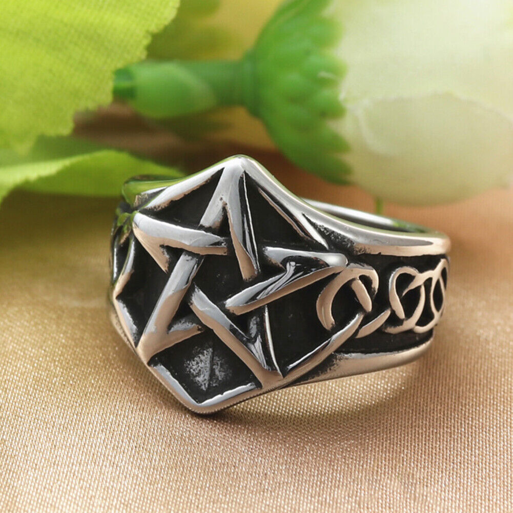 US 2-4 Pcs Mens Celtic Wiccan Pagan Pentagram Star Ring Stainless Steel Size