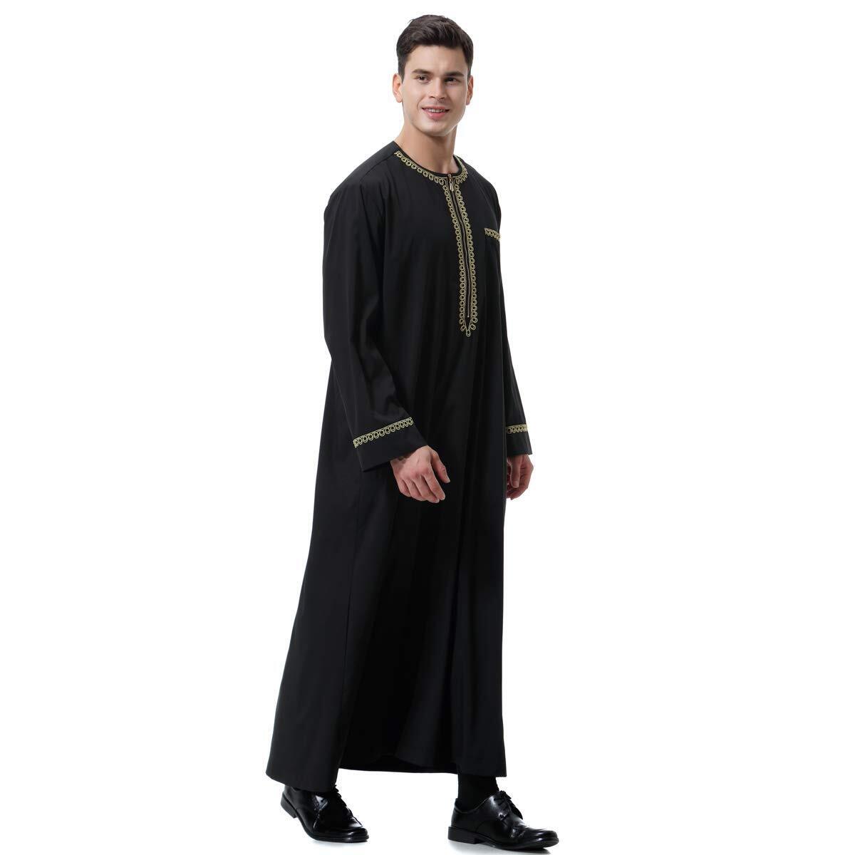 Men Arabic Long Sleeve Printing Thobe Crew Collar Kaftan Robe with Zipper