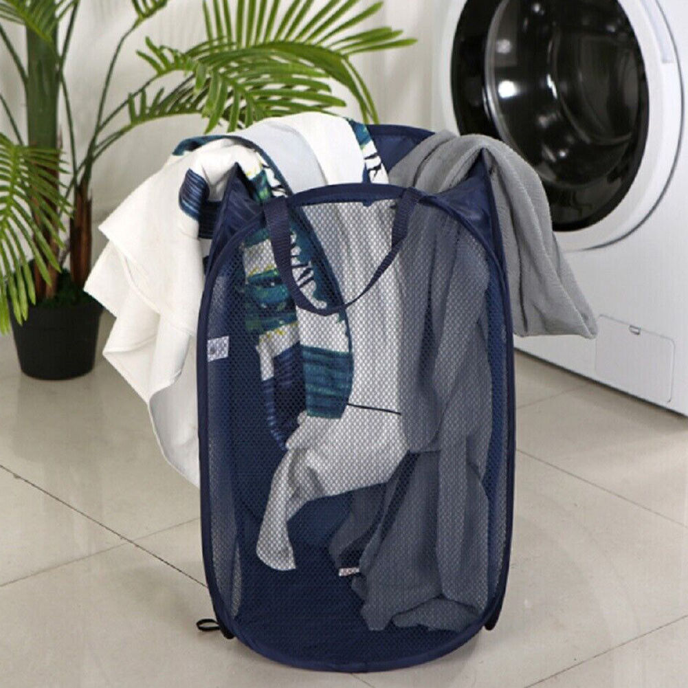 US 1-2 Pcs Laundry Baskets Foldable Pop Up Tidy Mesh Washing Laundry Basket Bag