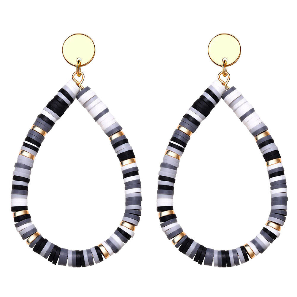 US 1-2Pairs Women Heishi Drop Earring Rainbow Vinyl Disc Bead Dangle Lightweight