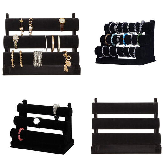 US 1-2 Pc 3 Tier Black Velvet Jewelry Display Organizer Stand, 12 x 9 x 7 in
