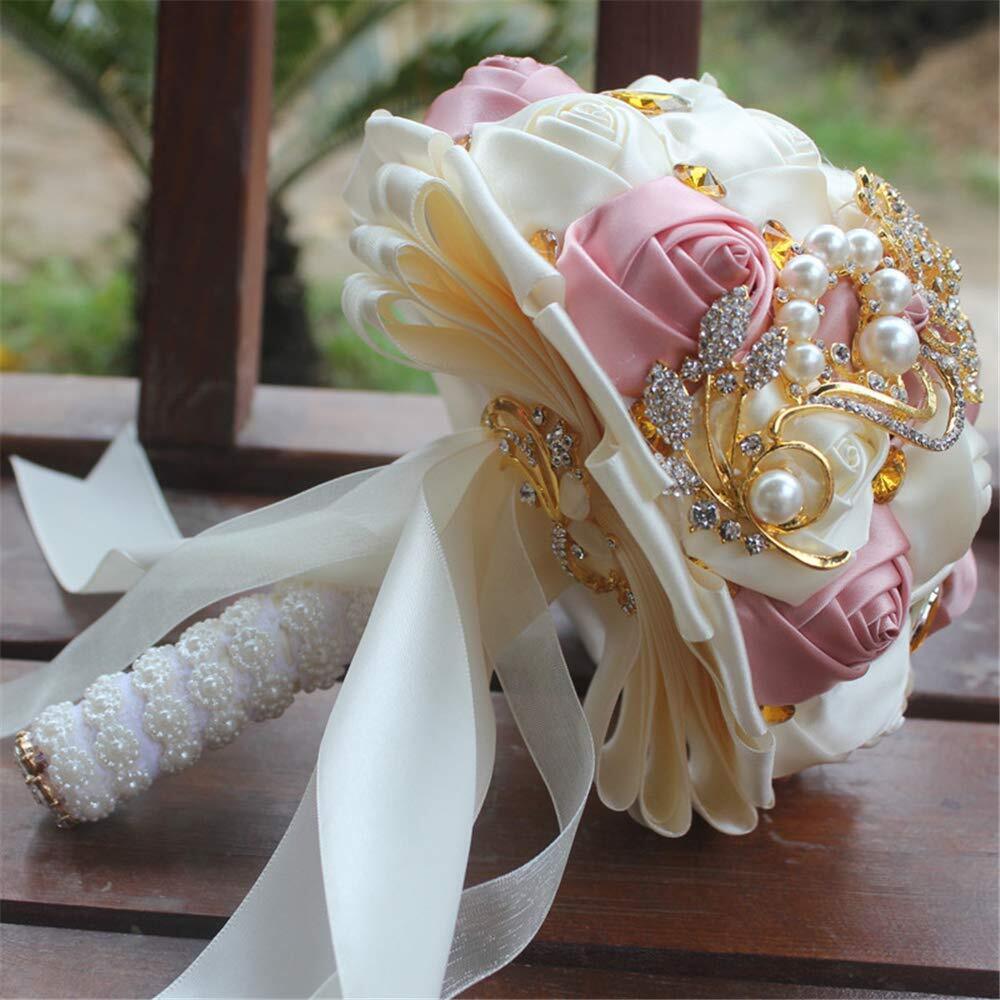 Brooch Bouquet 7" Bride Satin Rose Wedding Bouquet w/Gold Crystal Brooches