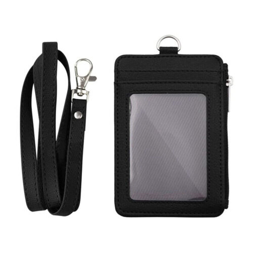 US 2-4 Pcs Badge Holder Zipper Leather ID Card Holder Wallet Pocket Neck Lanyard