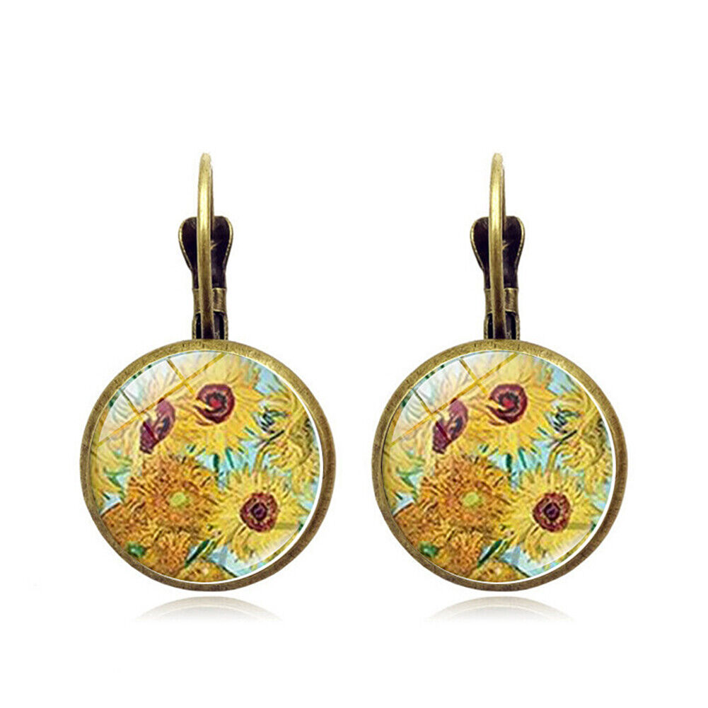 US Starry Night Van Gogh Sunflower Landscape Painting Glass Drop Dangle Earrings