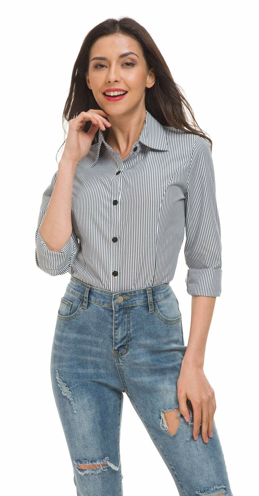 Women's Basic Tailored Vertical Stripes Button Down Shirt Long Sleeve  Blouse